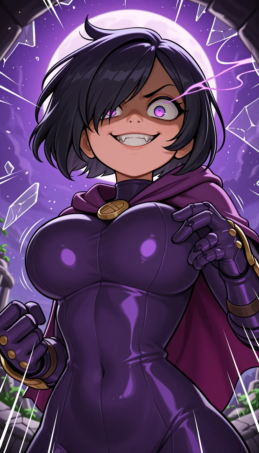 masterpiece, best quality, amazing quality, 4k, very aesthetic, high resolution, ultra-detailed, absurdres, newest, scenery, cartoon, toon, 1girl, v-shaped eyebrows, (shaded face:1.2), smug, (evil grin:1.2), crazy smile, fangs, teeth, wide-eyed, large breasts, short black hair with sideswept bangs, purple eyes, empty eyes, crazy eyes, eye trail, hair over one eye, detailed purple obsidian bodysuit, glowing purple cape, armored detailed purple gauntlets, overgrown stone temple, purple night sky with moon, fine fabric emphasis, dutch angle, from below, fighting stance, projectile glass shards, broken glass, (face focus:1.2), close-up, portrait, upper body, looking at viewer, (motion lines, attack trail:1.3), (fisheye, wide shot:1.2), BREAK, eyes, hands, fingers, detailed eyes, depth of field, volumetric lighting
