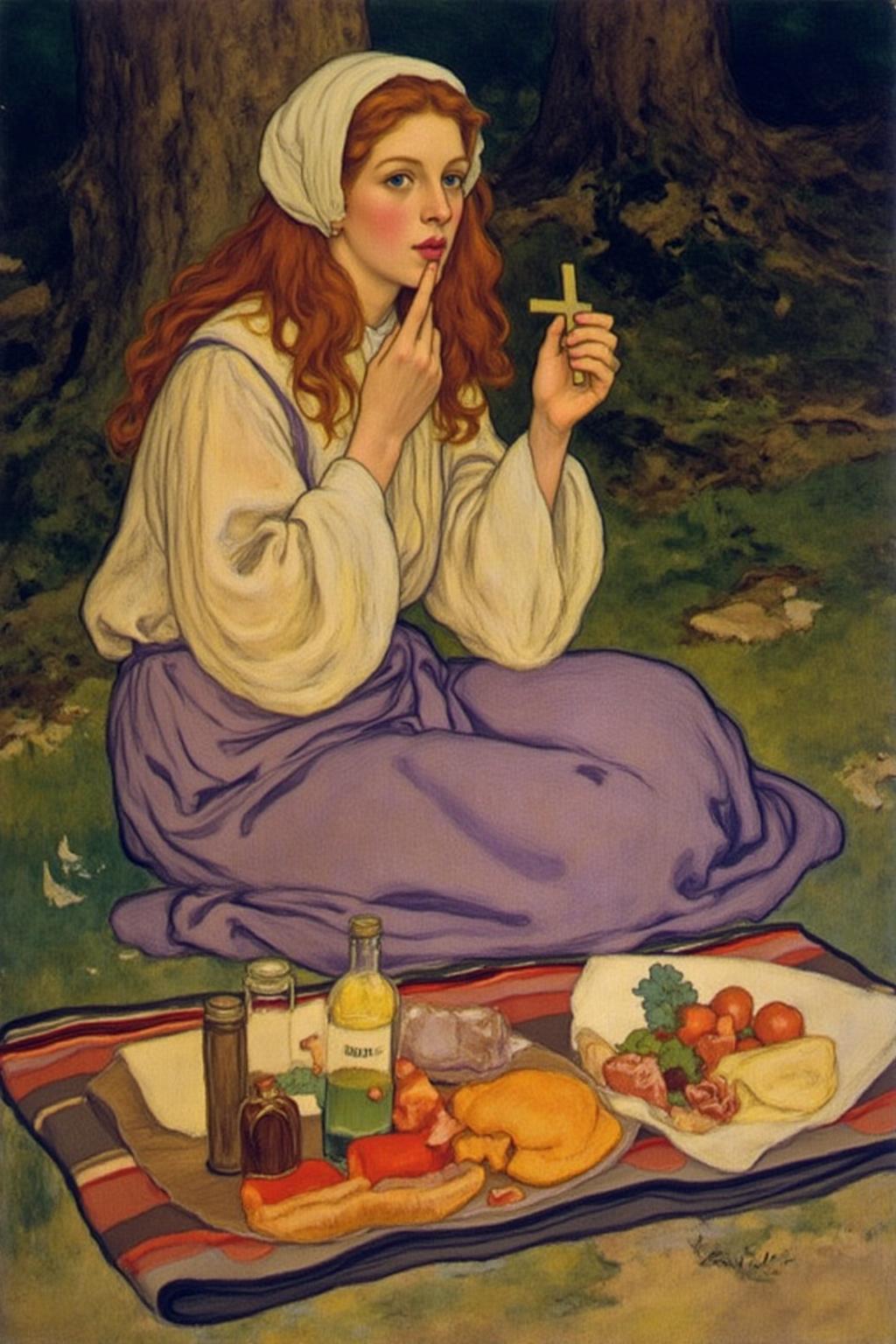 shippengreen1 illustration.
A woman sitting outdoors in a forest or garden during a picnic.
She has long, curly red hair cascading down her shoulders and is wearing a white headscarf, a loose, flowing white blouse with long sleeves, and a purple skirt. She is kissing a small cross in her hand.
 <lora:shippengreen1_cap_d6a3:1.0><lora:837339656011048532:0>
