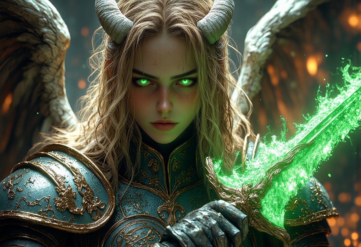 a cinematic photograph of an male angel warrior with blonde hair, super detaild and beautiful face and green glowing eyes wearing shiny armor wielding a green flaming sword in an attacking pose, white and green wings on back, photorealistic, photography lighting, extremely detailed, shot on Sony A7R V with Leica lens, fire background. HKStyle, hkevil, mythp0rt