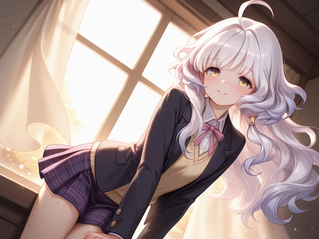<lora:IL_Rowan:1>,1girl,solo,mb_rw,ahoge,yellow eyes,Rowan/(mabinogi/),blush,parted lips,looking at viewer,floating hair,dutch angle,light particles,large window,curtains,with a golden hue,light particles,sunlight,sidelighting,leaning,arm support,sweater vest,collared shirt,plaid skirt,blazer,formal look,modern style,snow-covered,closed smile,, masterpiece,best quality,amazing quality,very aesthetic,absurdres,
