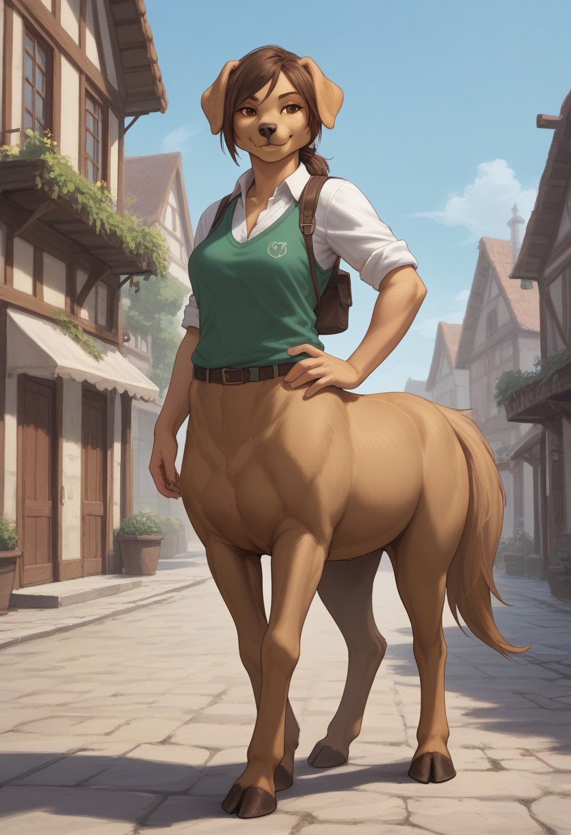 score_9,score_8_up,score_7_up,score_6_up,score_5_up,score_4_up, BREAK female ((Labrador Retriever)), centaur, solo, smile, village, day, hooves, brown horse tail, ((furry)), brown hair, swept bangs, dog head, dog ears, dog nose, brown fur, hand on hip, (furry hands)