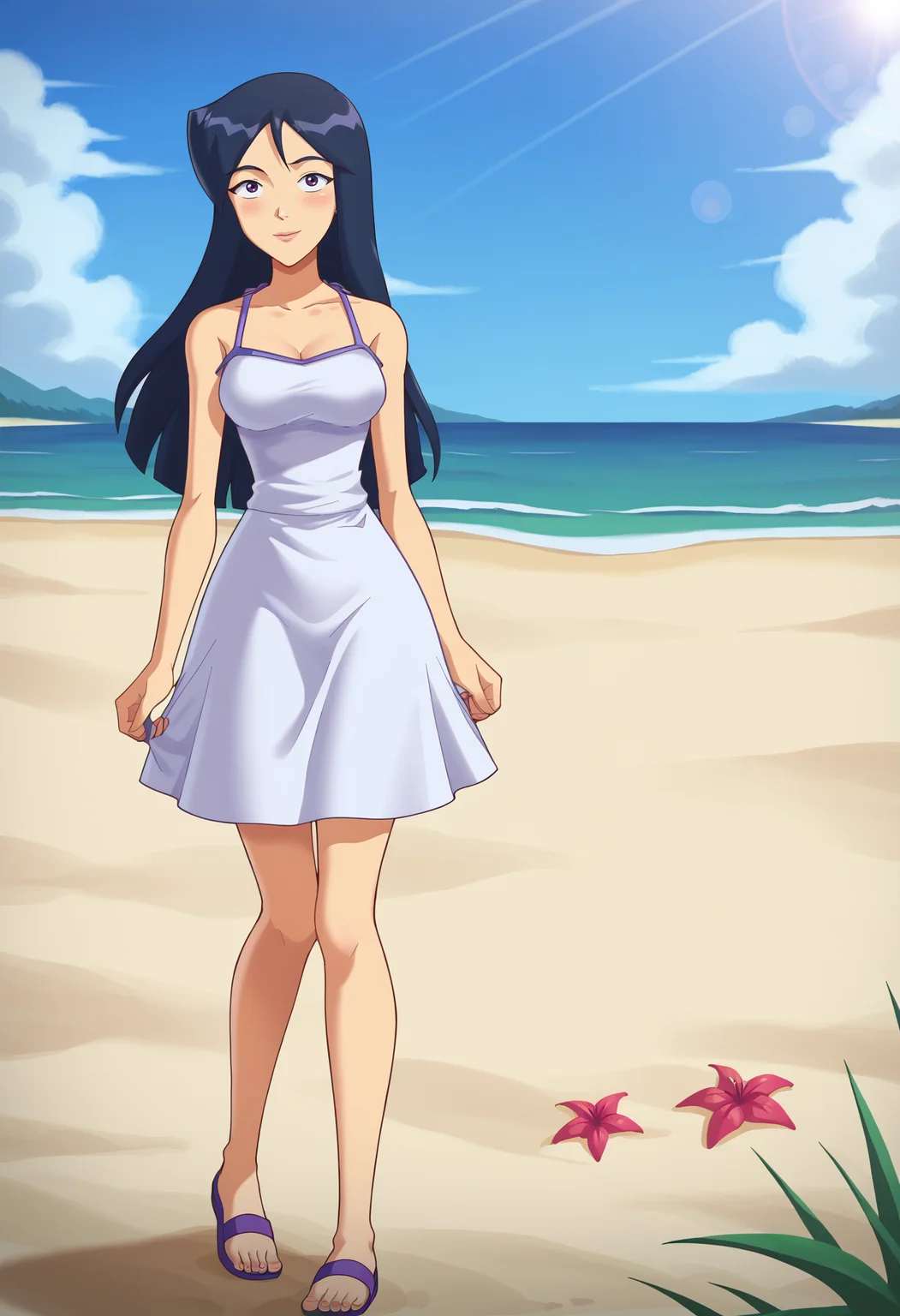 score_9, score_8_up, score_7_up, BREAK source_anime, 1girl, solo, britney \(totally spies\), long hair, blue hair, purple eyes, sundress, white dress, summer, beach <lora:hskc-britney-pony-v0.5:1>