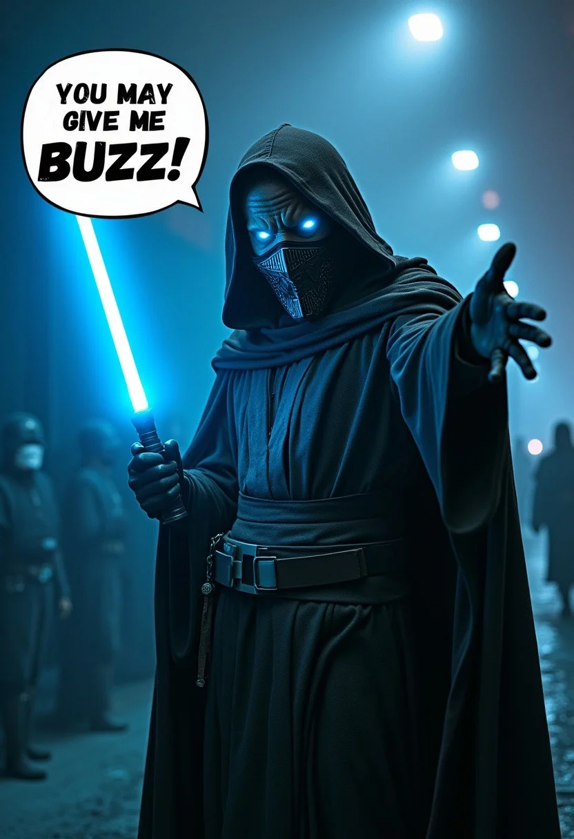 A jedi wit blue light saber says in a large speech bubble ‘You may give me BUZZ!’. The font fits the star wars franchise. The man has glowing blue eyes, a dark appearance, and wears a dark worn out jedi outfit with and a cloak. He has a dark face, and a black metal mouth mask. His expression show determination as he has the blue light saber in his left hand. He reaches out with his right hand towards the viewer as if he wanted to manipulate the viewer. The scene is set on Coruscant, with the foggy cyberpunk background with neo lights at night. The background hints at a life of hardship and rough adventures, now reduced to begging in a gritty and harsh world.