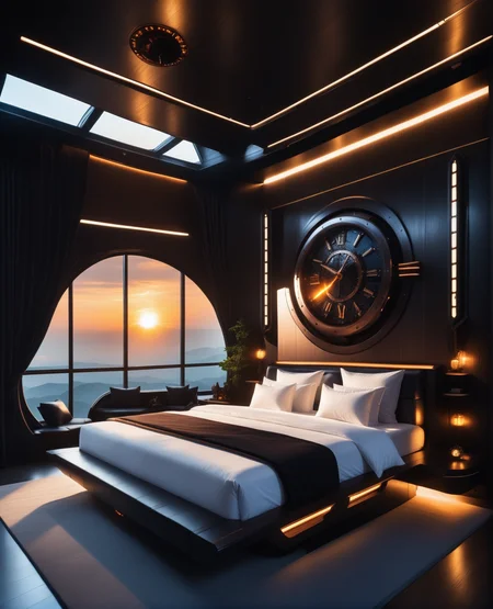 masterpiece, high quality, a reij-ebsu bed room, retro sci fi steampunk sunrise, ebony wood  <lora:ebony sunset-000001:0.9>