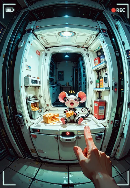 cybernetic mouse, robot mouse, mechanical body parts, cute, petite, animal focus, solo, sitting, sitting in opened fridge, curled tail, looking at viewer, surprised, open mouth, upper teeth, notice lines, holding, holding cheese, fridge, opened fridge door, BREAK, 1other, disembodied hand pointing forward, indoors, kitchen, freezer, futuristic, modern, night, spotlight, perspective, fisheye, viewfinder, recording, battery indicator,  painterly, volumetric lighting, close up, dynamic angle, no line art, no outline, photo (medium), fine art, masterpiece, best quality, good quality, very awa, very aesthetic, absurdres, newest, 8k, high contrast, in the style of cknc, haiz_ai