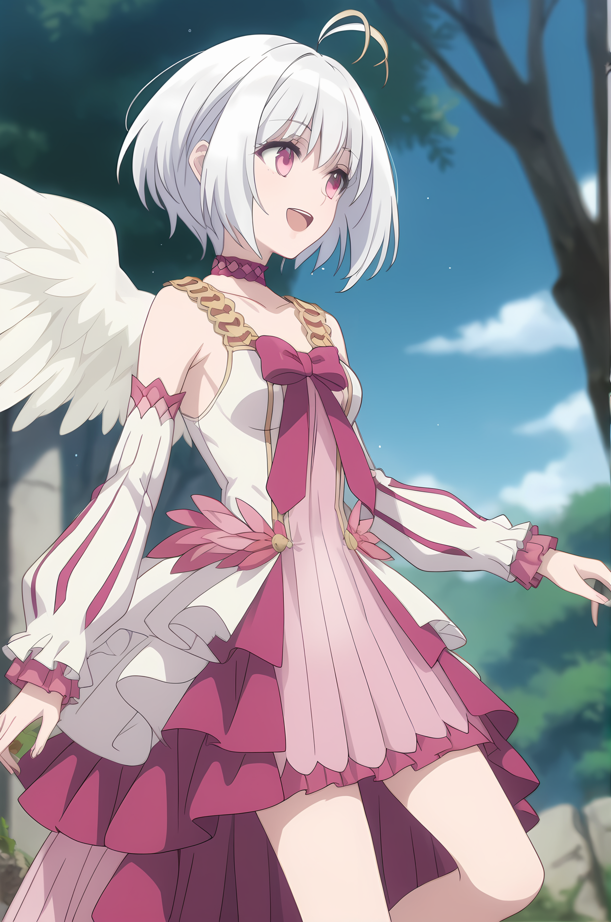 (pink dress:1.40), sh-fitoria, white wings, white hair, medium hair, triple ahoge, pink choker, medium breasts, 1girl, solo, skinny, score_9, score_8_up, score_8, score_7_up, score_7, score_6_up, score_6, source_anime, (happy:1.10), outdoors, (0.2:close-up depth of field:1.20), feet, <lora:sh-fitoria-V01-000003:1.00>