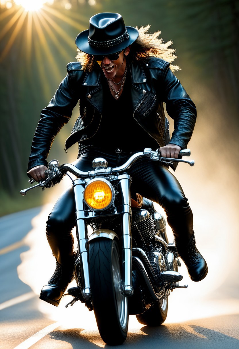 "Ultra realistic with high quality and ultra detail with excellent focus and contrast, balanced colors of an image of a rock metal man posing as a rocker, rocker leather jacket and rocker leather hat, on a Harry Davidson motorcycle, dynamics and movement in the image, forest road, movement and dynamics of the image, illumination golden hour, sunset, flooding sun