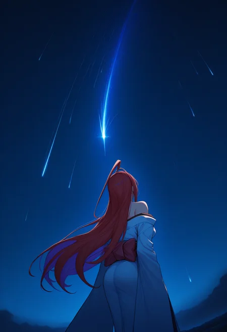 masterpiece, best quality, 1girl, solo, El1zabethRB, red eyes, red hair, colored inner hair, long hair, huge ahoge, hair ornament, from behind, from side, looking up, looking to the side, negative space, white kimono, off shoulder, back, from below, dynamic angle, dutch angle, comet, light trail, blue theme, dark theme, night, high contrast, shining comet, glowing comet, <lora:ChamElizabethRoseBloodflameV2IllustriousXL:1>