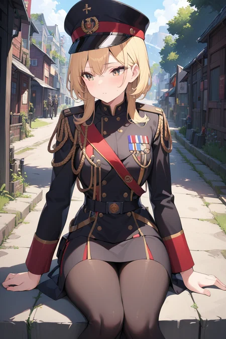 (masterpiece), (high detail),1girl, solo, blond hair, body, outdoors, from front, good hand,look away, obilonian empire, obilonian empire military uniform,sitting, hat, <lora:Obilonian_Empire_Military_Uniform:0.8>, high detail eye