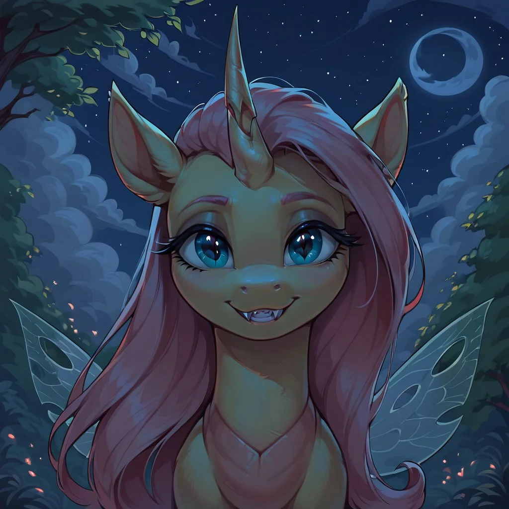 masterpiece, score_9, score_8_up, score_7_up, (best quality:1.1), ultra-detailed, high resolution, solo, beautiful detailed eyes, Long eyelashes, Looking At Viewer, Highly Visible, 8k, Evil Fluttershy, Fluttershy transformed into a Changeling, g4, female, feral, sharp focus, perfect lighting, beautiful eyes, holey hoofs, crooked magic horn, jagged pony ears, insect wings, sharp teeth, long eyelashes, membrane mane, membrane tail, anatomically correct, extremely detailed, night, moon rays cutting through dark clouds, shine on body, high detail, evil face, sharp teeth, predatory smile, Expressiveh, detailed background, OverallDetail, <lora:night-XL:1,2>