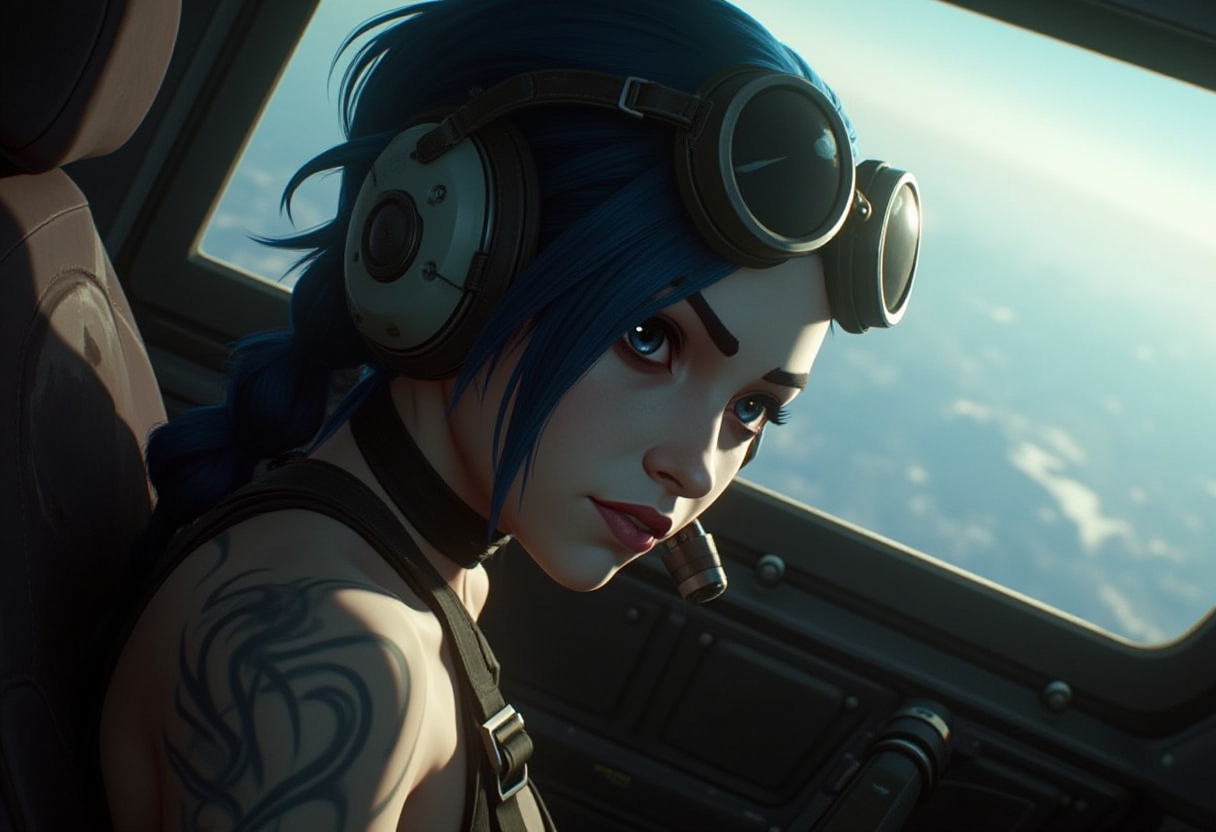 a realistic fly a plane, detailed background, the plane cockpit, ultra realistic, jinx pilot fly plane ,sexy , pilot headset, high contrast shadows