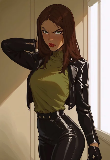 safe_pos, PonyXLV6_Scores BREAK ((parody:1.2)), <lora:add-detail-xl:1>, (absurd resolution, perfect anatomy, cowboy shot), <lora:X-23:1> laura kinney, long hair, brown hair, dark-skinned female, green eyes, solo, furrowed eyebrow, ((looking at viewer)), lipstick, makeup, leather, black jacket, green shirt, black gloves, black pants, small breasts, petite, curvy, toned, athletic, thigh gap, ((action pose)), indoors, black room, poorly lit room, side view