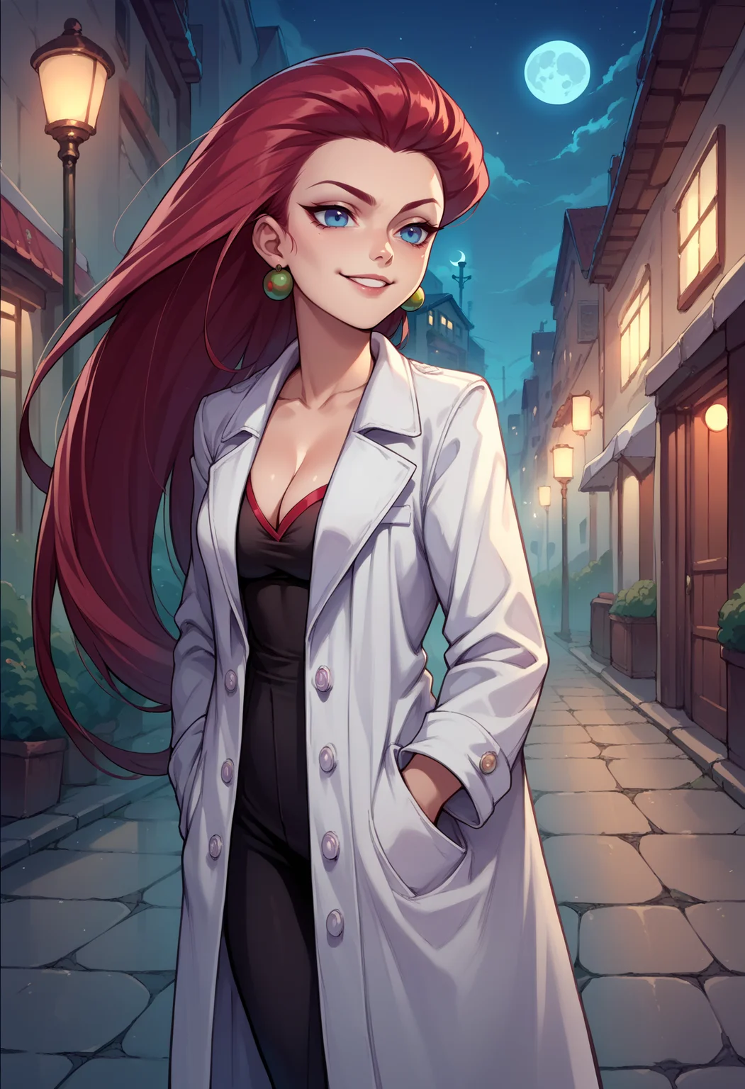 score_9,score_8_up,score_7_up,score_6_up, source_anime, 1girl, solo, <lora:EPpkJessiePony-05:1.0>, EPpkJessie, long hair, blue eyes, red hair, hair slicked back, medium breasts, smile, white trench coat,cleavage,standing,empty streets,night,fog,moon,