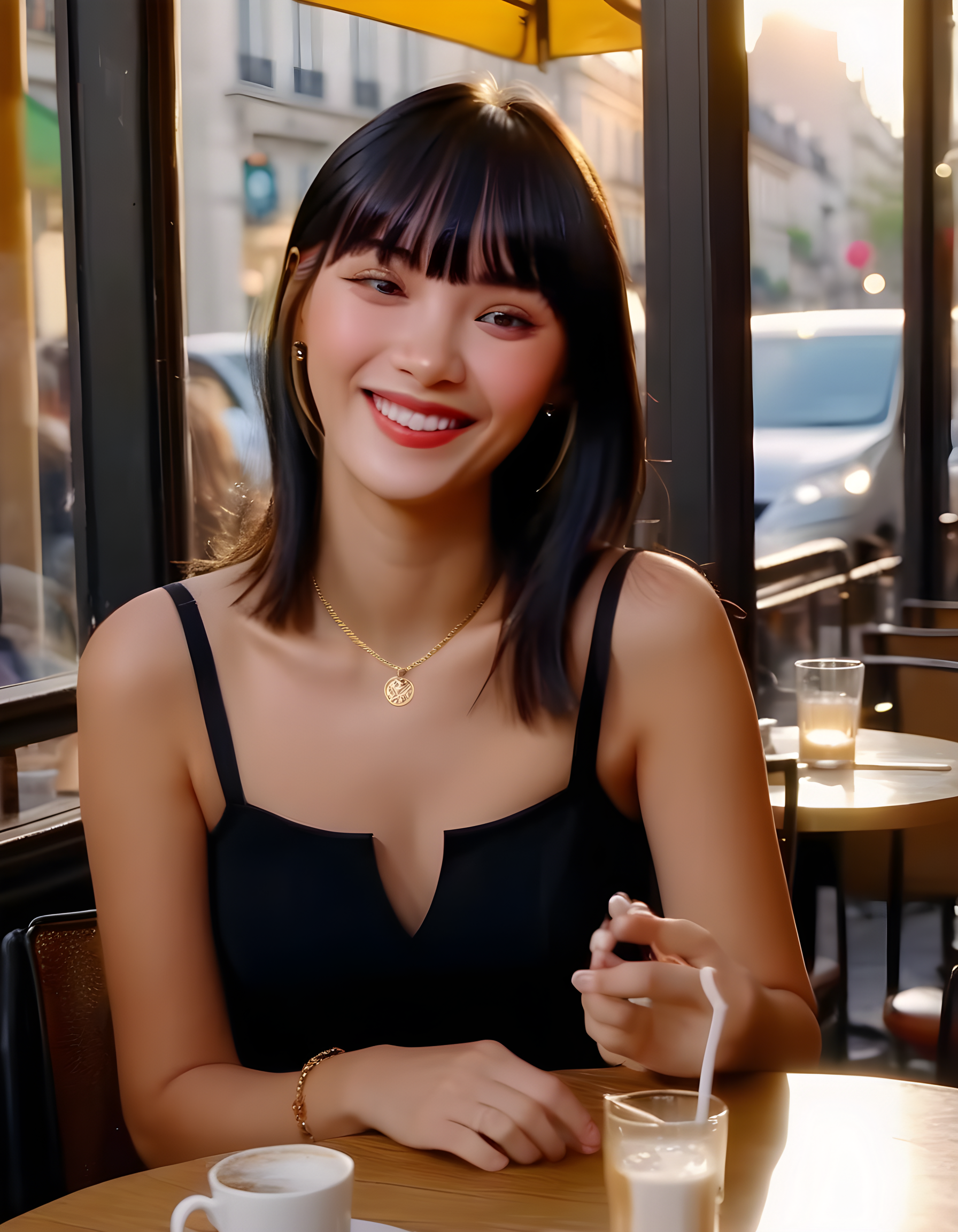 K1MCWYT, In a bustling, sun-kissed Parisian cafe during the golden hour, a stunning woman with blunt bangs and black hair cascading down her shoulders takes a seat at a small, round table near the window. She wears a chic black dress adorned with intricate gold jewelry, her black eyes sparkling with delight as she looks up from her steaming cup of coffee to flash a radiant smile at an unseen admirer, captured from a slightly elevated angle that emphasizes the warmth and charm in her demeanor, while the warm glow of the setting sun filters through the window behind her, casting dappled light upon her stylish ensemble and the colorful, vibrant cafe life taking place around her.