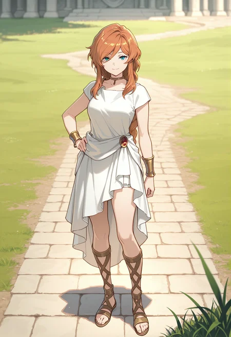 Flamme,Flamme, solo, gladiator sandals, dress, sandals, outdoors, white dress, full body, jewelry, bracelet, grass, smile, standing, hand on own hip, greco-roman clothes, braid, choker, breasts, ancient greek clothes, day, medium breasts, closed mouth, looking at viewer