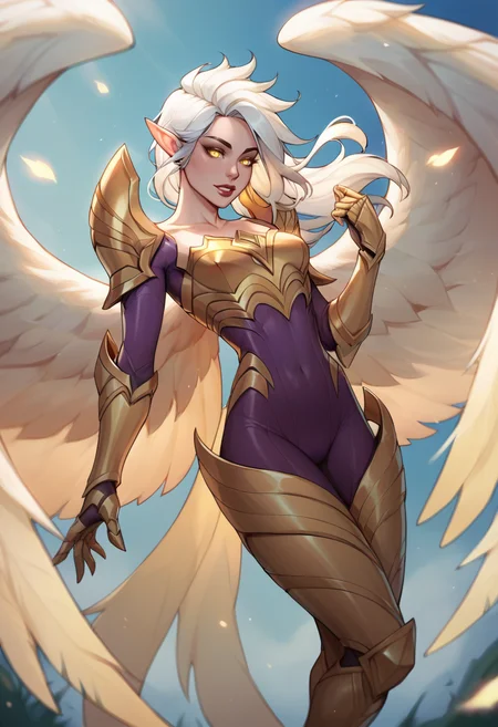 score_9, score_8_up, score_7_up, k4yle, kayle, 1girl, yellow eyes, long hair, pointy ears, white hair, wings, multiple wings, feathered wings, bodysuit, armor, breastplate, shoulder armor, gauntlets, <lora:Kayle_Default_v2:0.8>