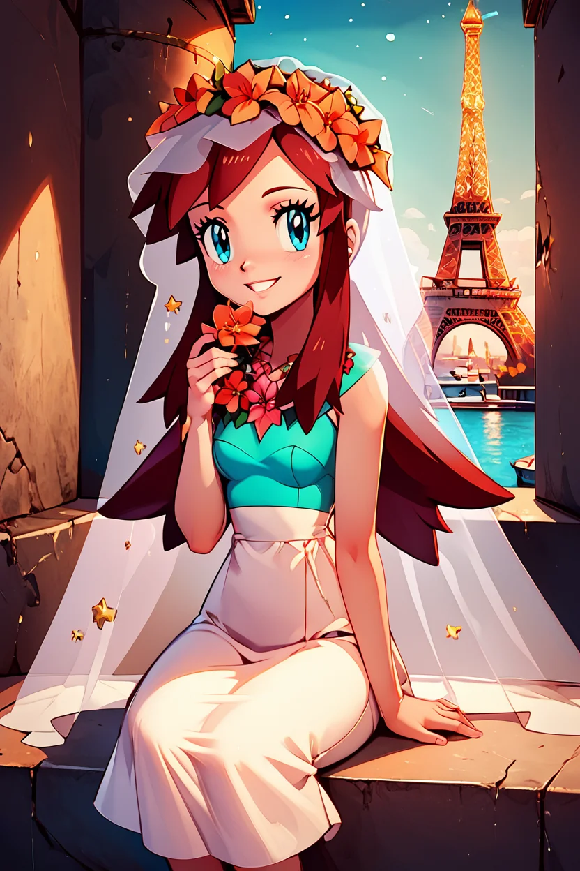 score_9, score_8_up, score_8, medium breasts, (curvy), cute, eyelashes, BREAK, , zzMelody, dress, bridal veil, sleeveless, <lora:Melody_Pokemon_PDXL:1.0>, , BREAK, zzEiffelTower in background, sitting, watercraft, boat, sitting on wall, side view, looking at viewer, smile, BREAK, blooming stars, luminescent petals, otherworldly fragrance blurry background, embedding:zPDXL, Expressiveh, <lora:EiffelTowerPDXL:0.8>, <lora:CatalystStylePDXL:0.6>, <lora:SDXLFaeTastic2400:0.5>, <lora:Expressive_H-000001:0.4>,