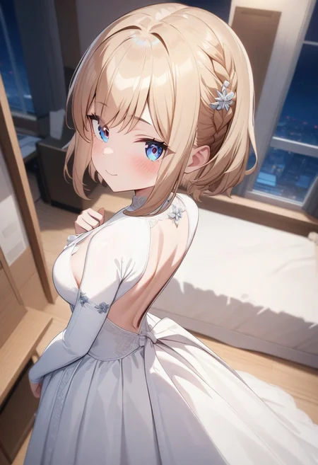 masterpiece,best quality,very aesthetic,absurdres,intricate details,1girl,<lora:shiina_v4_5:1>,shiina,<lora:Fixhands_anime_bdsqlsz_V1:1>,(night:1.2),full_shot,looking_at_viewer,medium_shot,cinematic_angle,light_blush,office,hand_on_own_chest,from_back,, masterpiece,best quality, very aesthetic, absurdres, ultra detailed, high resolution, 4k, extremely detailed CG,wedding dress,smiling,juliet sleeves