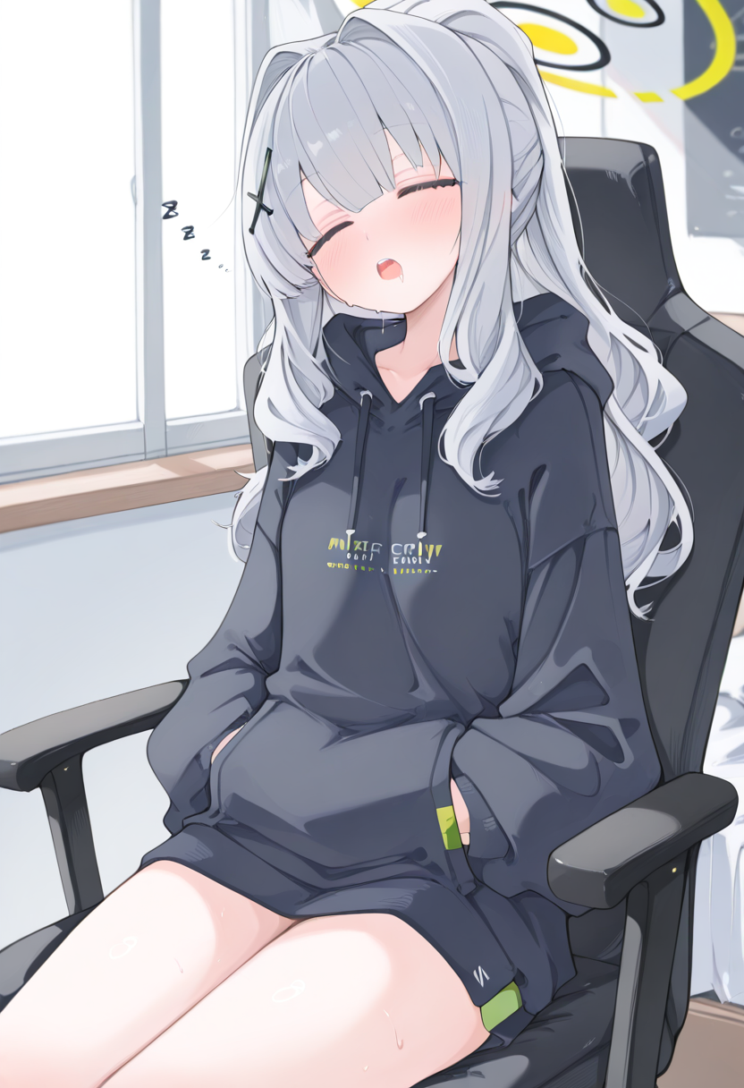 mikozin style, hare \(blue archive\),  1girl, solo, grey hair, long hair, hair ornament, cross hair ornament, closed eyes, open mouth, saliva, teeth, upper teeth only, blush, hoodie, hood, hood down, long sleeves, sitting, on chair, sleeping, sleeping upright, zzz, bedroom, window,  masterpiece, best quality, amazing quality, absurdres