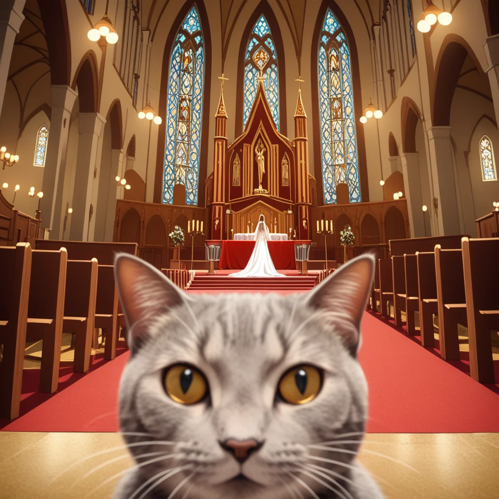 cinematic film still anime artwork, cfb, cat foreground <lora:Meme_soph-PhotoBombv2-SDXL:0.8>, church background, wedding . vibrant, studio anime, highly detailed, ((art by Katsuhiro Otomo)) (cel shading), line art . shallow depth of field, vignette, highly detailed, high budget, bokeh, cinemascope, moody, epic, gorgeous, film grain, grainy