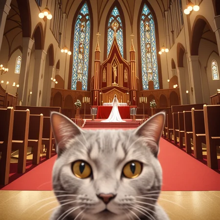 cinematic film still anime artwork, cfb, cat foreground <lora:Meme_soph-PhotoBombv2-SDXL:0.8>, church background, wedding . vibrant, studio anime, highly detailed, ((art by Katsuhiro Otomo)) (cel shading), line art . shallow depth of field, vignette, highly detailed, high budget, bokeh, cinemascope, moody, epic, gorgeous, film grain, grainy