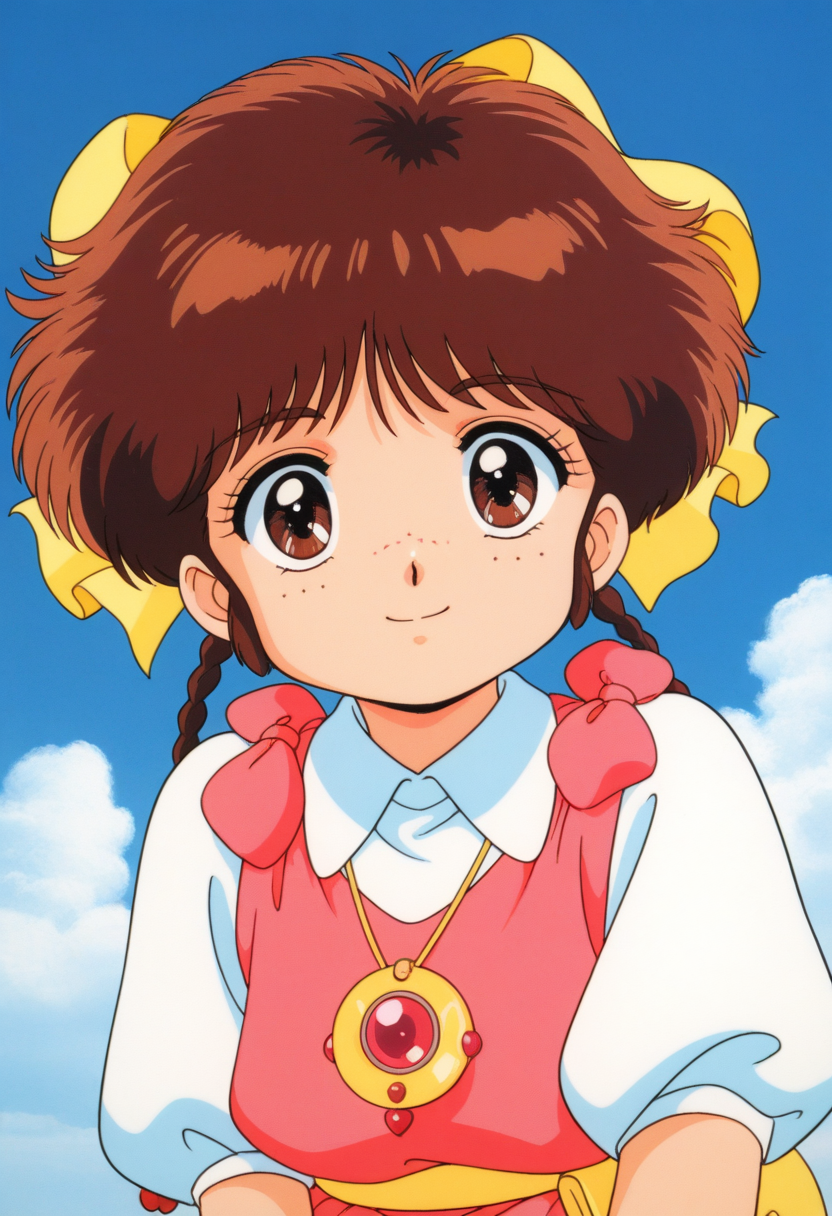 masterpiece, best quality, source_anime,official art,perfect_anatomy,1990s_\(style\),retro_artstyle,1girl,Yumi Hanazono,brown_hair,braid,hair_bow,pink_dress,puffy_short_sleeves,sleeves_rolled_up,jewelry,upper boday,looking_at_viewer,smile,Freckles,day,blue_sky,cloud