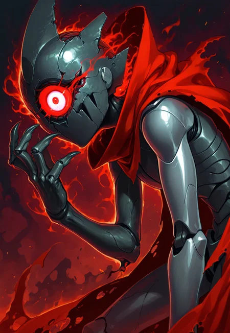 negativeXL_D, safe_pos, score_9, score_8_up, score_7_up, extreme detail, masterpiece, best quality, amazing quality, very aesthetic, high resolution, ultra-detailed, absurdres, ruined robot, madness, metal sleek body, wires covered body, hatred, rage, energies from eye, single eye, damaged eye, glowing eye, skinny robot body, very thin, from side, (close up1.6), leaning forward,  angular, only one eye, red back-lighting, crimson hue, rust, damaged cape, tattered cape, partially covered, shambling horror, sharp fingers, energies bursting forth, single arm, (triangle-shaped head), eerie glow, many wires, long red cloak, high quality, ruined background, close up from hand, desolate land, raised hand, (dynamic angle:1.2), close up, seated, realistic