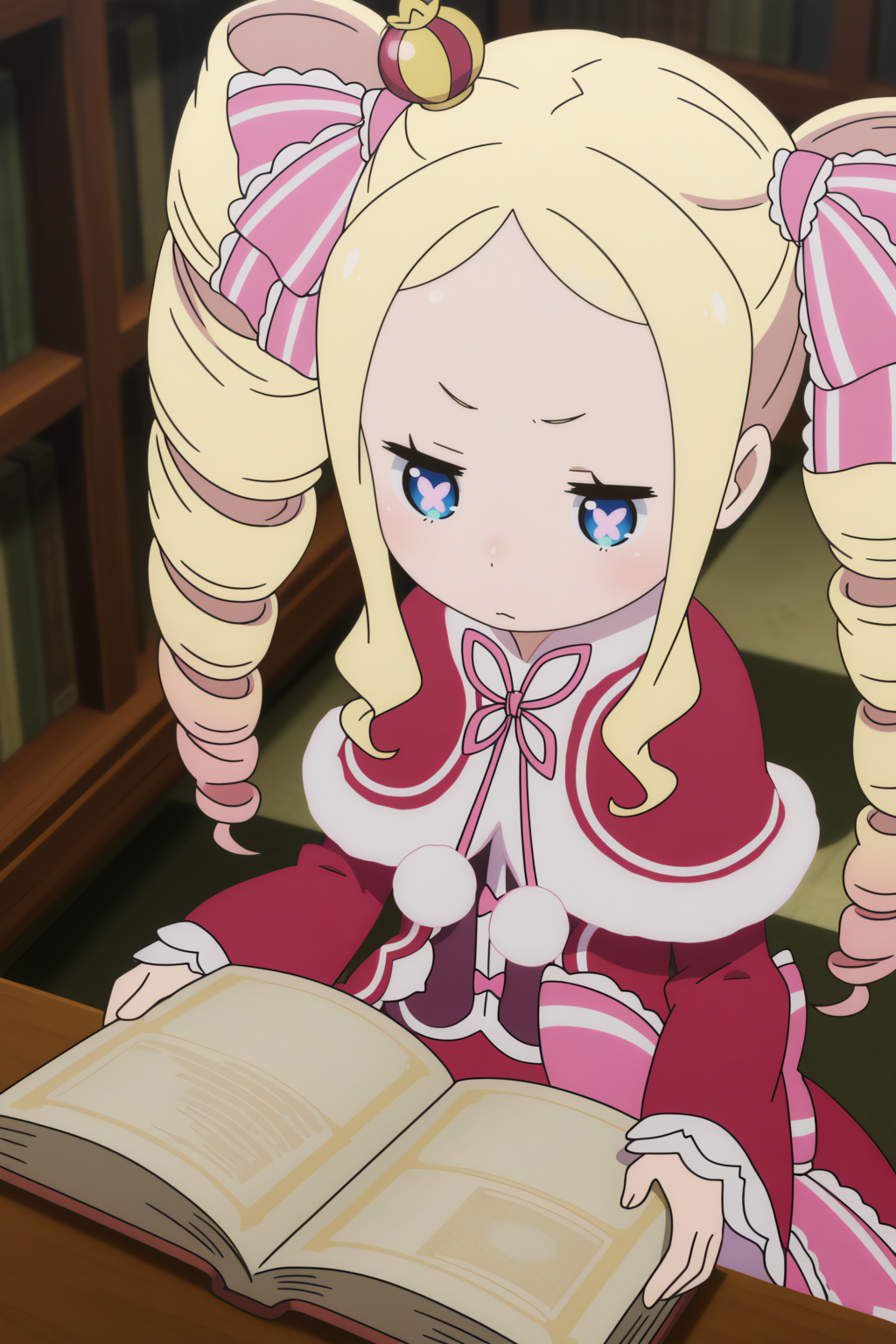 anime coloring, very aesthetic, masterpiece, perfect composition,  beatrice_\(re:zero\), twin drills, depth of field, symbol-shaped pupils, library, get books from bookshelf, from above   <lora:Beatrice-illu:0.8>