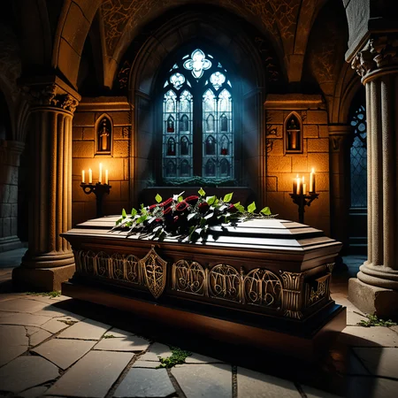 horror-themed A dramatic and atmospheric photograph of the interior of an ancient crypt, dimly lit by flickering candlelight. The crypt features old, cracked stone walls covered in moss and ivy, with intricate carvings and Gothic details etched into the stone. At the center of the crypt lies an ornate vampire coffin, made of dark, polished wood with silver and gold inlays, adorned with ancient symbols and intricate Gothic patterns. The coffin is slightly ajar, revealing a glimpse of red velvet lining. Surrounding the coffin are scattered bones, dusty cobwebs, and antique candelabras with melting candles, casting eerie shadows across the crypt. The mood is dark, mysterious, and hauntingly beautiful, with subtle rays of pale moonlight filtering through a small, broken stained-glass window.
<lora:SDXLFaeTastic2400:0.4> <lora:extremely_detailed:0.4> extremely detailed,, eerie, unsettling, dark, spooky, suspenseful, grim, highly detailed, Masterpiece,best quality,hi res,8k,hi res,8k,award winning,(sharp focus, intricate, highly detailed),