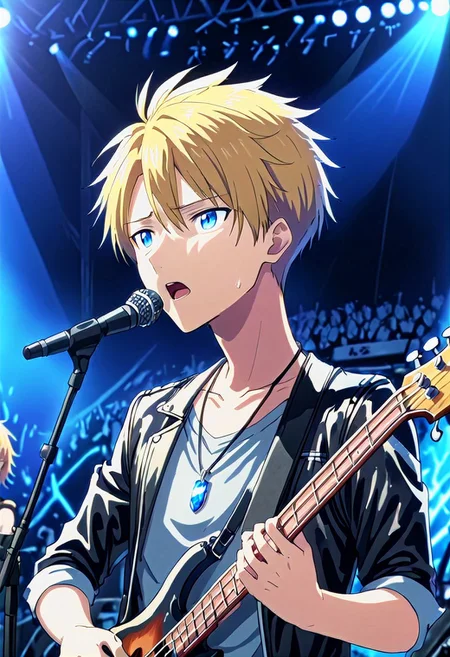 high resolution, solo, best quality, 1Boy, Yamato Ishida, Blonde Hair, Blue Eyes, Necklace, Black Leather, vocalist, bass, bassist, performance, singing,