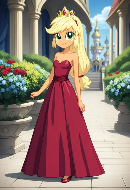 score_9, score_8_up, score_7_up, score_6_up, source_cartoon, rating_safe, My Little Pony Equestria Girls, very young little human girl Applejack wearing a fit green|brown|darkpurple|wine|red gradients colors short princess dress, elegant detailed princess shoes, solo, 1girl, little princess girl, gradient golden blond hair with crown hairband, smile, childhood, looking at viewer, glow detailed eyes, garden of canterlot, tul, chiffon, laces, semi realistic cartoon, unreal engine 5, full body close-up, absurdres, digital art, soft light, perfect hands, perfect, hands, perfection, soft orange skin, green eyes, apples accesories and shoes, jewelery, tres chic,<lora:age_slider_v4:-4>,