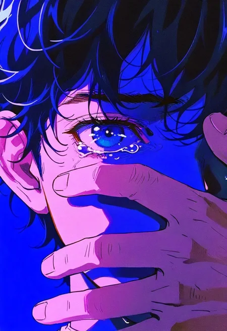 masterpiece, best quality, newest, absurdres, highres, very awa, 
hu99y, 1boy, solo, close-up portrait, dark wavy hair, covering face with hand, blue background, anime, film grain, dramatic lighting, (tears:1.3)