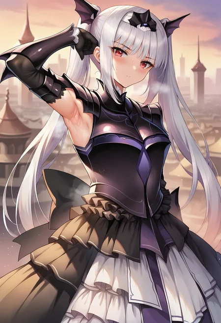 score_9, score_8_up, score_7_up, source_anime, masterpiece, 1girl, ctianexc3lla, red eyes, dress, armor, pauldrons, vambraces, black gloves, frilled skirt, frilled sleeves, outdoors, city, day, sunny, depth of field, looking at viewer, cowboy shot, armpit, sweat, smell, arm up,<lora:Excella_Noa_Aura_pony_ct:0.9>