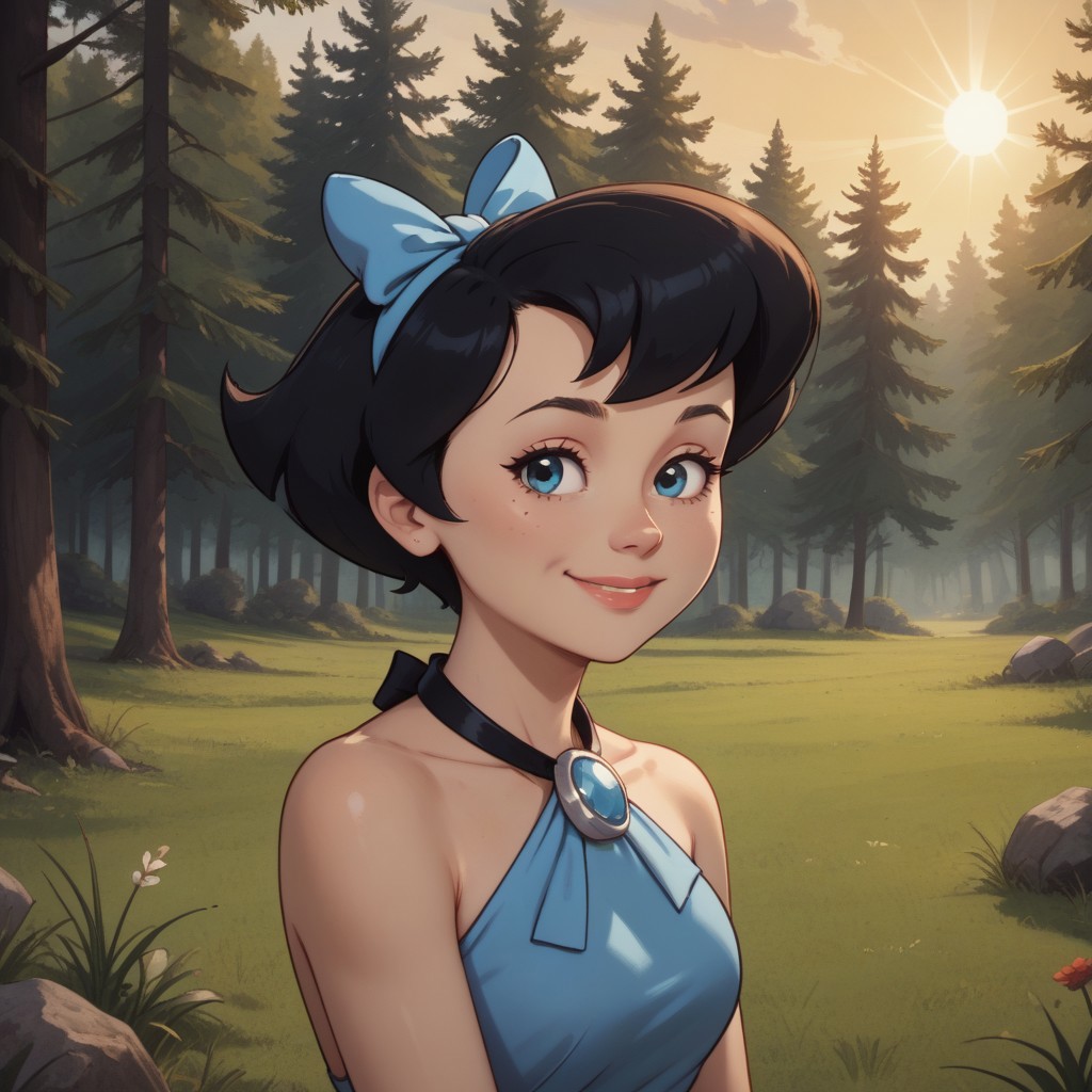 score_9, score_8, BREAK, solo, Betty_Rubble_(The_Flintstones), slim body, slender, fair skin, short hair, black hair in a bob, cyan halter dress connected to a white stone with black straps that tie around the back of her neck like a necklace, cyan bow in her hair, barefoot, self portrait, smile, looking at viewer, outdoors, sunlight, shadows, evening lighting, natural lighting, forest, trees, grass, orange sky, sunset