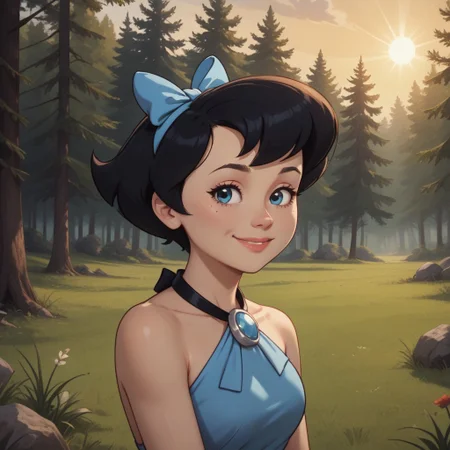 score_9, score_8, BREAK, solo, Betty_Rubble_(The_Flintstones), slim body, slender, fair skin, short hair, black hair in a bob, cyan halter dress connected to a white stone with black straps that tie around the back of her neck like a necklace, cyan bow in her hair, barefoot, self portrait, smile, looking at viewer, outdoors, sunlight, shadows, evening lighting, natural lighting, forest, trees, grass, orange sky, sunset