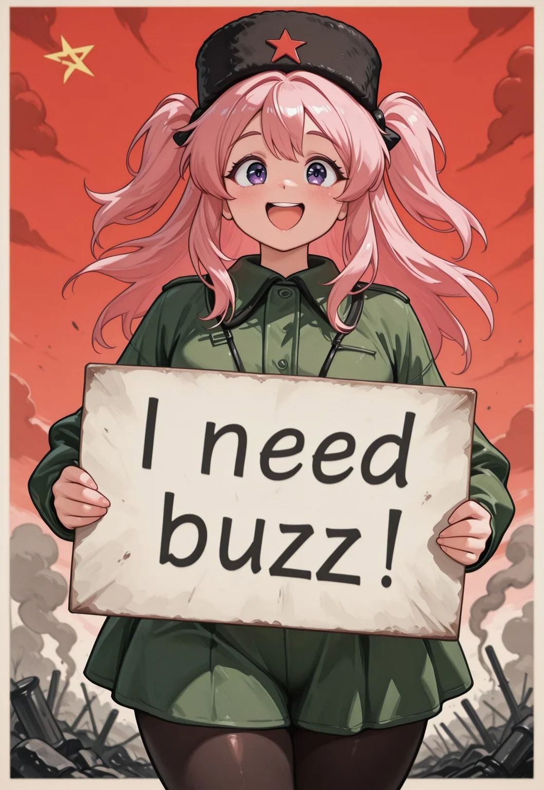 masterpiece, best quality, good quality, very aesthetic, absurdres, newest, 8K, depth of field,1girl, (CivChan, purple eyes, pink hair, long hair, two side up), sharp focus, smile, open mouth, upper teeth only, soviet propaganda poster, traditional media, retro artstyle, limited palette, multiple monochrome, cowboy shot, red sky, clouds, battlefield background, smoke, soviet, green military uniform, black ushanka, fur hat, black pantyhose, ((need buzz, holding sign))