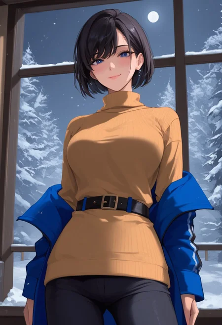 score_9, score_8_up, score_7_up, source_anime, masterpiece, 4k, high quality, (best quality:1.1), solo, 1girl, hiraguchip5, short hair, black hair, blue coat, yellow turtleneck sweater, black pants, belt, closed mouth, seductive face, standing, legs apart, from front and below, looking at viewer, blushing, shy smile, cowboy shot, winter park scenery, snow, window, night, moonlight, godrays,