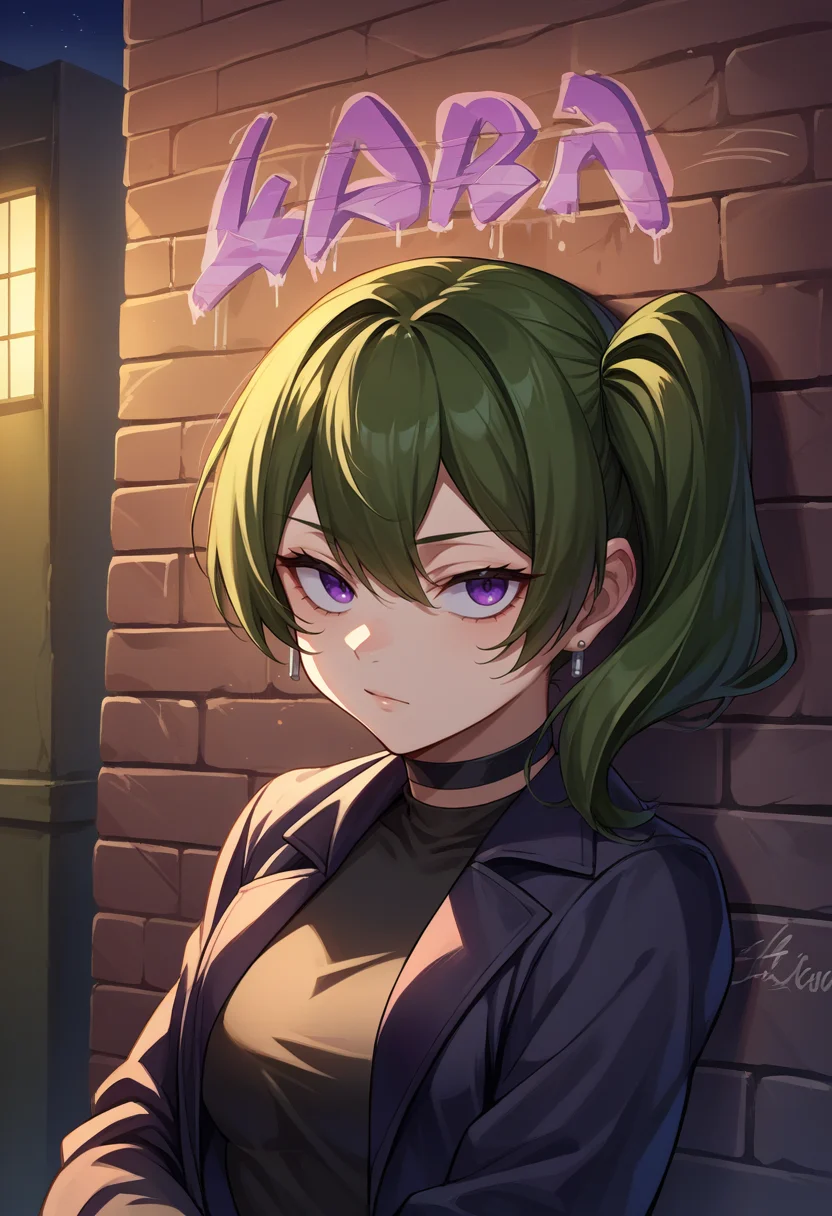 score_9, score_8_up, source_anime, 1girl, solo, UbelFrieren, purple eyes, dark green hair, medium hair, side ponytail, earrings, sharp eyes, choker, neon shirt, open jacket, turtleneck sweater, night, against wall, brick wall, graffiti, dim lighting, alley, looking at viewer, <lora:CHAR-UbelPonyXL:1>