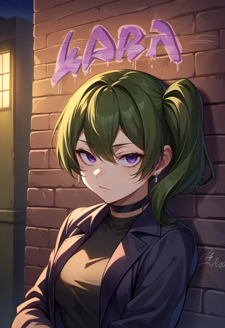 score_9, score_8_up, source_anime, 1girl, solo, UbelFrieren, purple eyes, dark green hair, medium hair, side ponytail, earrings, sharp eyes, choker, neon shirt, open jacket, turtleneck sweater, night, against wall, brick wall, graffiti, dim lighting, alley, looking at viewer, <lora:CHAR-UbelPonyXL:1>
