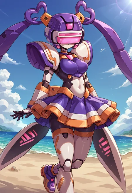 score_9, score_8_up, score_7_up, source_anime, BREAK
<lora:Pochincoff_VirtualOn_V1:1>,Pochincoff_VirtualOn,1 girl, robot, robot joints, armor, bodysuit, colored skin, shiny skin, head_mounted display, thighhighs, mecha skirt, dark skin,
RNA-Fei-Yen, (Purple Armar), (Purple Clothes),(Purple hair:1.3), twin tails, pink eyes,
Sunlight, sandy beach, resort, outdoors,