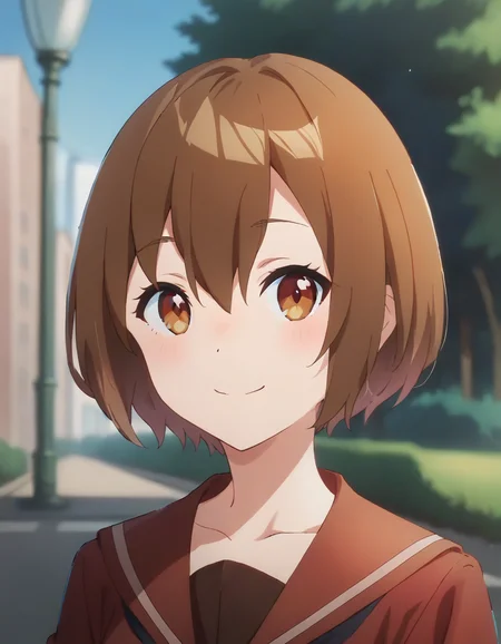 score_9,score_8_up,score_7_up,score_6_up BREAK official art,solo,outdoors,upper body,(portrait:1.5),looking at viewer,facing viewer,smile,Kouzuki Mahiru,brown hair,short hair,bob cut,hair between eyes,bangs,brown eyes,school uniform,collarbone,brown sailor collar,brown shirt,red shirt,long sleeves,medium breasts,brown skirt,long sleeves,pleated skirt,black socks,loafers,<lora:Kouzuki Mahiru(jcsitn)-Pony:1.2>,<lora:Smooth Anime Style LoRA XL:0.8>,