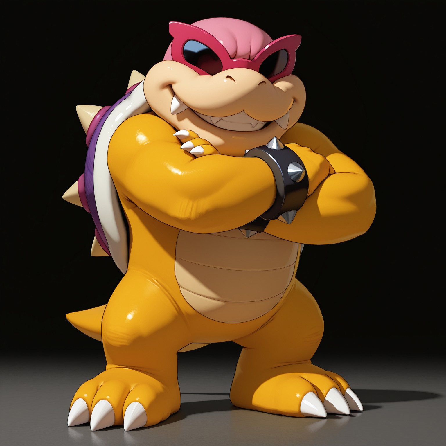 Roykoopa, 2d, Male, 1boy, solo, red sunglasses, fangs, shelled, purple spiked shell, tail, spiked bracelets, scalie, yellow skin, pink head, claws, toe claws, 3 toes, obscured eyes

BREAK standing, looking at viewer, arms crossed, grin