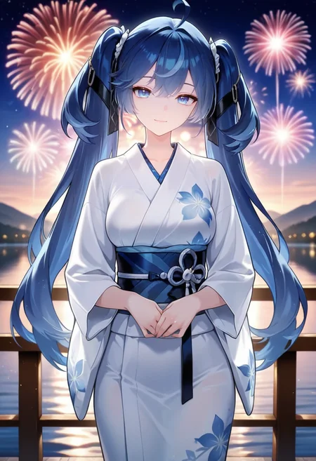 masterpiece, best quality, amazing quality,iuno, blue eyes,dark blue hair,ahoge, twintails, long hair, 1girl, solo, breasts,japanese clothes, yukata,white kimono,light smile, standing, looking at viewer, cowboy shot, outdoors, lake, aerial fireworks, night, blurry background <lora:iunoV1:0.9>