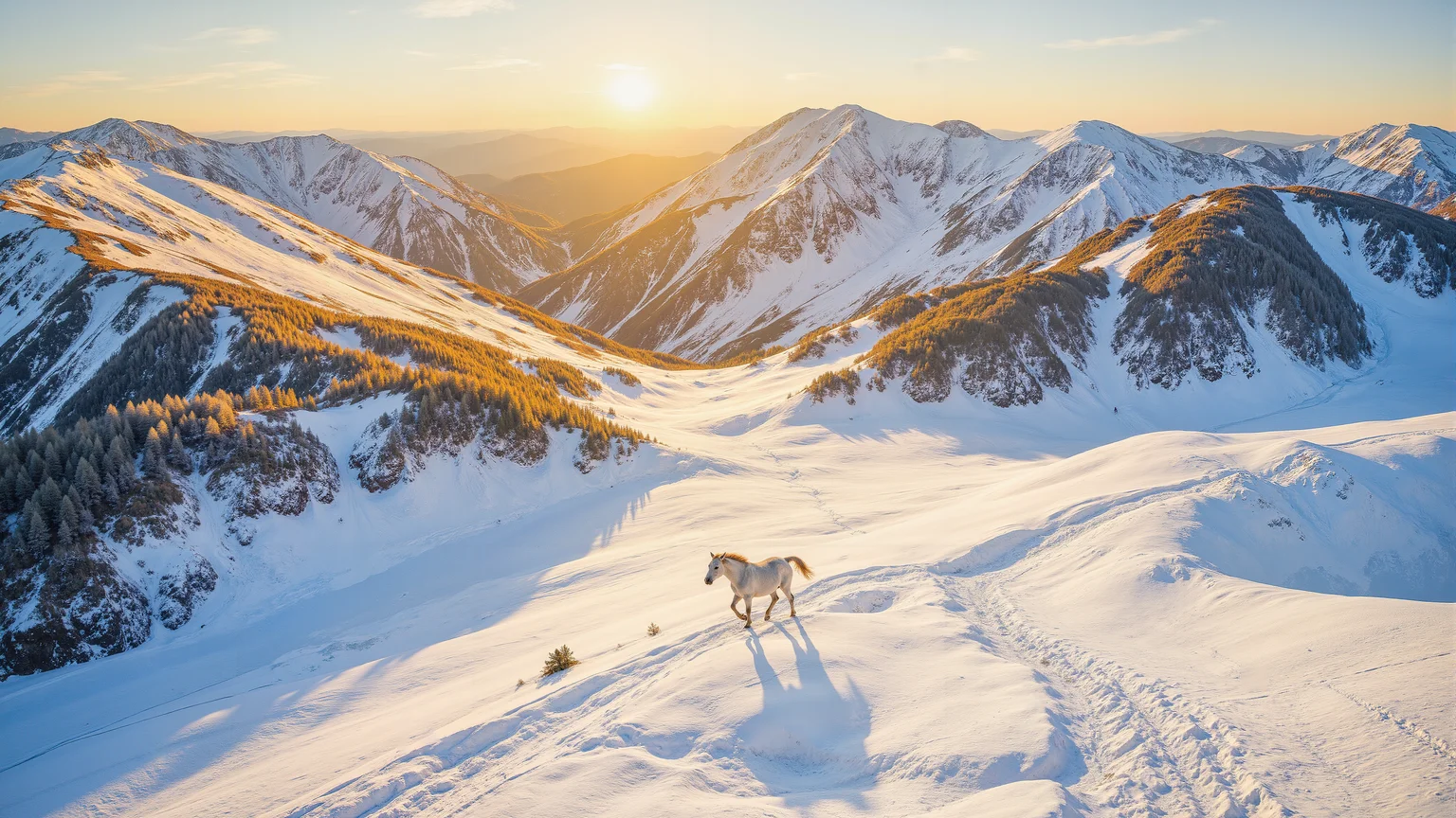 A White horse running through a snowy mountain valley in winter,top-down aerial view,realistic photography style. The setting sun casts golden light across the snow,creating long,dramatic shadows of the horse. The contrast between the bright snow and dark mountain ridges enhances the depth of the landscape.,<lora:kmountains-01:0.6>,kmountains,