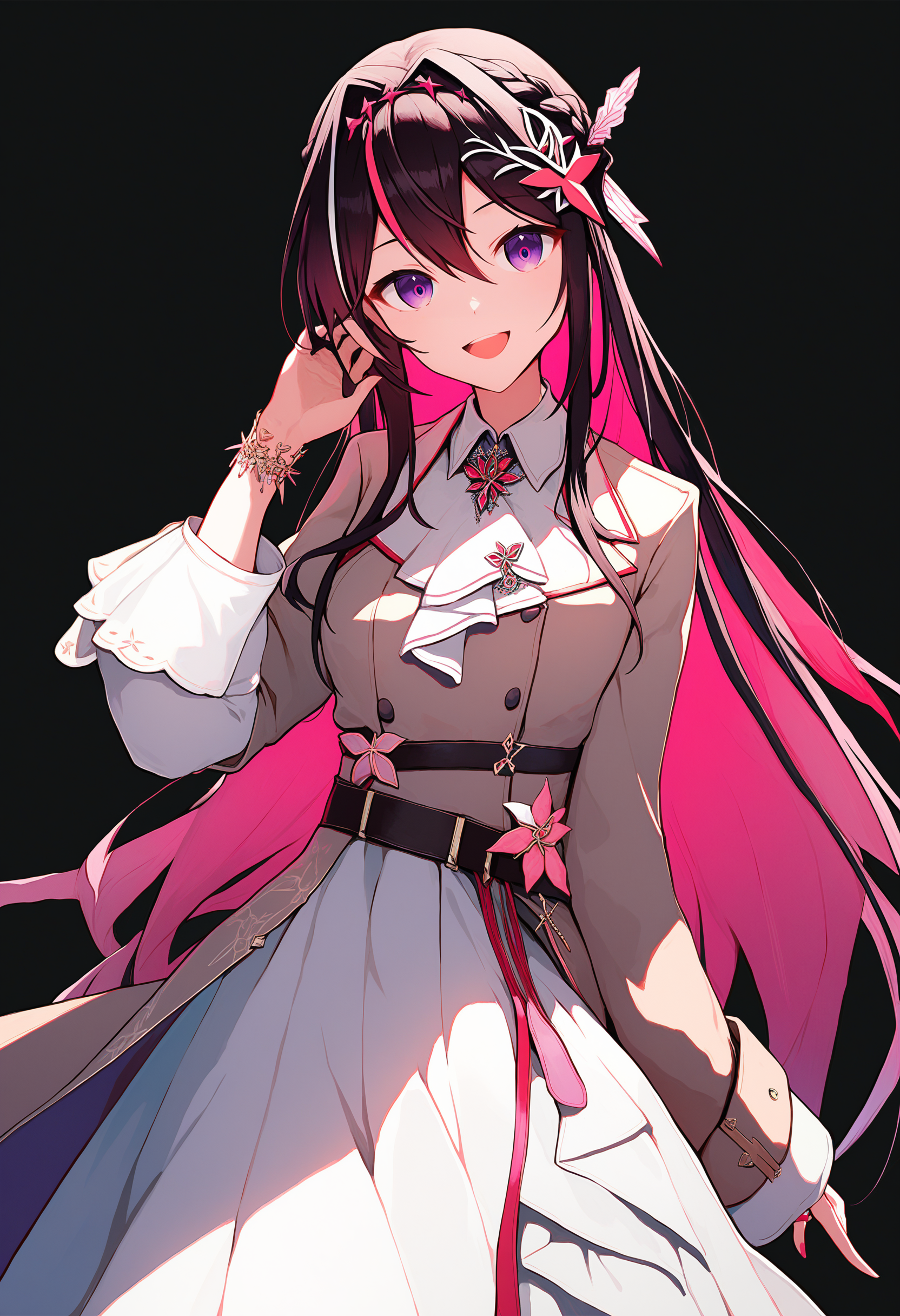 azki \(hololive\), 1girl, virtual youtuber, pink hair, purple eyes, long hair, white dress, colored inner hair, hair ornament, white ascot, streaked hair, brown jacket, black hair, white hair, bracelet, hair intakes, sleeves past elbows, half updo, long sleeves, french braid, hair between eyes, belt, collared dress , solo, smile, open mouth, looking at viewer, standing, cowboy shot, straight-on, black background, black theme, simple background,
score_9, score_8_up, score_7_up, score_6_up, source anime, absurdres, masterpiece, best quality, very aesthetic
<lora:hololive_allmems_dora_v1:1>