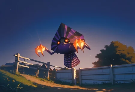 score_9, score_8_up, source_anime,score_7_up,creature, they, purple body,black stripes, red eyes,glowing eyes,cone formed lower body, nighttime, on a farm, light from eyes, Expressiveh