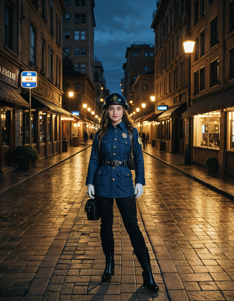 cowboy shot, looking at viewer,female_focus, medium close-up,,A woman wearing a Pressurized suit, helmet, thick gloves, boots, belt, insignia, backpack ,stands confidently in a bustling city street at dusk. The streetlights cast a warm glow on the pavement, and neon signs flicker in the background. The personâs white gloves contrast sharply against the dark outfit, adding a touch of elegance. A light evening mist rises from the ground, creating a cinematic atmosphere. Pedestrians pass by, some glancing curiously at the well-dressed figure. The cityscape features modern and old architecture, blending tradition with contemporary urban life.
<lora:SDXLFaeTastic2400:0.4> <lora:extremely_detailed:0.4> extremely detailed, Masterpiece,best quality,hi res,8k,hi res,8k,award winning,(sharp focus, intricate, highly detailed),