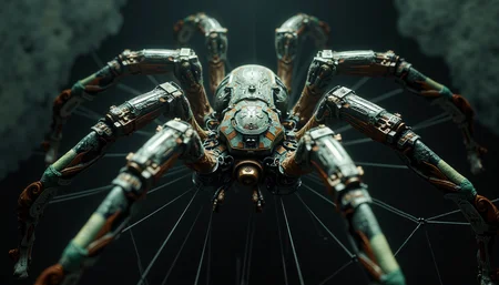 Detailed, Prompt provided by Florence2Run:, The image is a close-up of a large spider with intricate details. The spider is made up of multiple legs and arms that are covered in a metallic green and gold color scheme. The legs are long and slender, and the arms are spread out in a symmetrical pattern. The body of the spider is covered in intricate patterns and designs, and it appears to be made of a shiny, metallic material. The background is dark and foggy, with a hint of smoke or fog in the distance. The overall mood of the image is eerie and mysterious.<lora:Flux\Details\detailed style v1.safetensors:0.7000000000000001:0.7000000000000001>