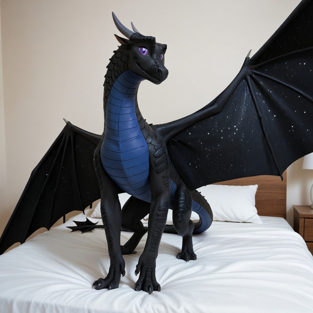 score_9, score_8_up, score_7_up, score_6_up, score_5_up, score_4_up, masterpiece, high quality, realistic, detailed, best quality, white bed, solo, rating_safe, source_furry, bedroom, smiling, smile, happy smile, happy, detailed eyes, detailed face, looking at viewer, (standing), Fatespeaker_wof, Nightwing_wof, dragon, claws, tail, starry wings, gray horns, black scales, blue underbelly, rounded snout, purple sclera, black slit pupils, 1girl, female, spread wings, feral
