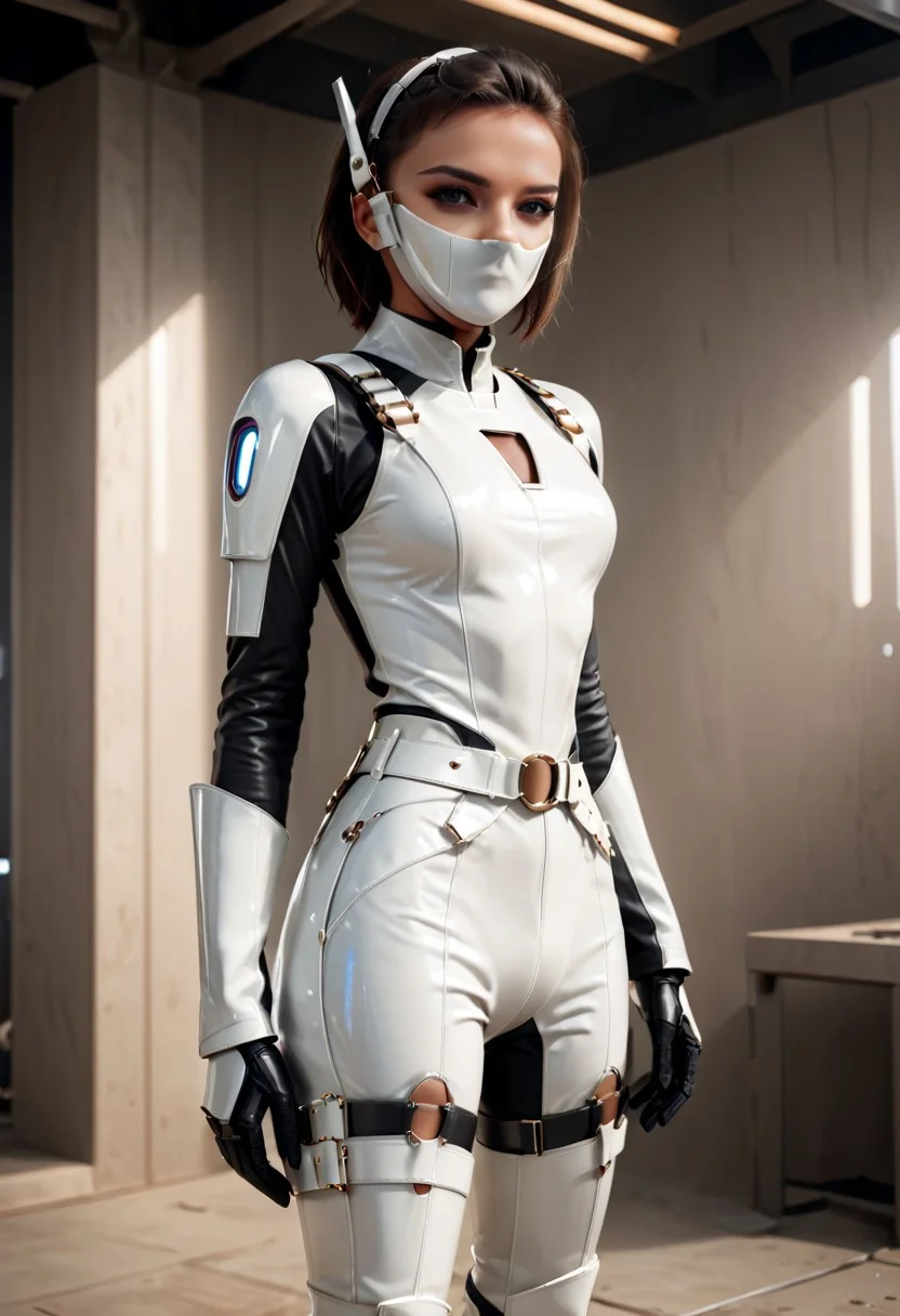 Full body shot of Super Girl looking at viewer, smiling, wearing the new upgraded latex white costume, full body fashion harness belts, chest harness, bottom harness, legs harness, hands harness, mouth mask, holding in hands a futuristic high tech sword, gloves, high heels boots, high tech weapon, shiny, glamour, high tech, sci-fi, futuristic, robotic.
Full body shot, cowboy shot, realistic, hyper detailed, ultra 8k, HDR, dramatic, intricate, imaginative concept, sharp focus, masterpiece, high quality, high res, perfect hands, perfect skin, perfect face, realistic eyes, detailed skin texture, subsurface scattering, realistic, photorealistic, professional photo, detailed battlefield dessert background.